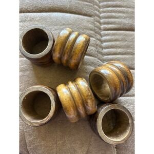 Vintage Wooden Napkin Rings Set of 6 Brown Ribbed Beehive Farmhouse Table Decor